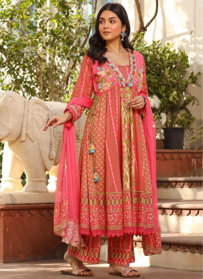 Kotha Cotton Pink Party Wear Thread Work Readymade Alia Cut Anarkali Suit
